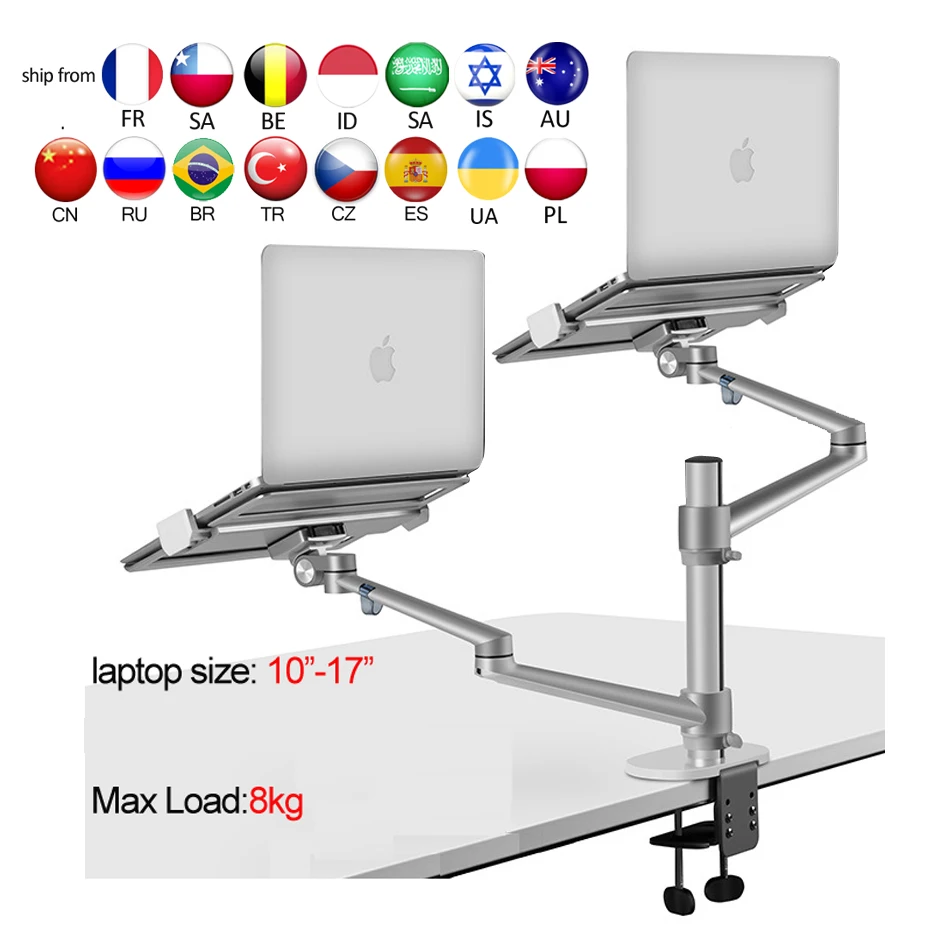 

OL-13L aluminum silver Ergonomics 10"-17" double laptop stand desktop PC bracket computer notebook mount dual arm