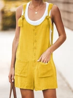 women rompers summer casual loose sleeveless jumpsuit solid button pocket suspenders bib short pants wide leg playsuits overalls