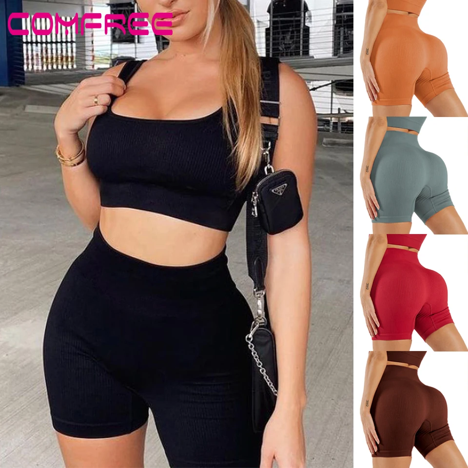 

Women Yoga Shorts High Waist Ribbed Workout Shorts Gym Fitness Leggings Scrunch Butt Lifting Sport Short Pants for Running
