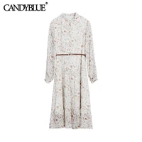 retro chiffon floral stand collar dress 2022 spring new fashion lantern sleeve single breasted knee length dress with belt
