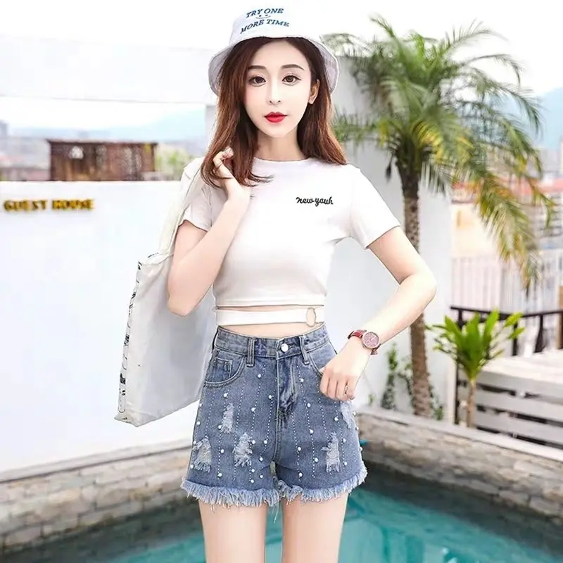 Женские джинсовые шорты с высокой талией повседневные свободные из денима