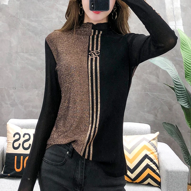 Модная Блестящая футболка со стразами Женская водолазка с длинным рукавом