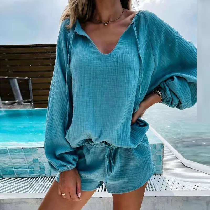 

2021 Summer Fashion Solid Long Sleeve Playsuits Elegant Hollow Out Lace-Up V Neck Rompers Casual Women Shorts Jumpsuits Homewear
