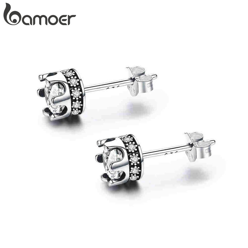 BAMOER, высокое качество, 925 пробы, Серебряная корона принцессы, светящиеся Прозрачные CZ серьги-гвоздики для женщин, модное ювелирное изделие SCE311