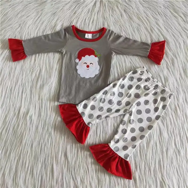 

Hot sale santa embroidery cotton shirt match pants Christmas pjs kids clothing sets baby girl clothes