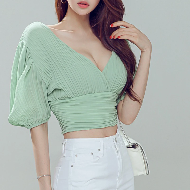 

new arrival fashion korean style blouse women temperament elegant casual sexy backless OL fresh simple chiffon wild short tops