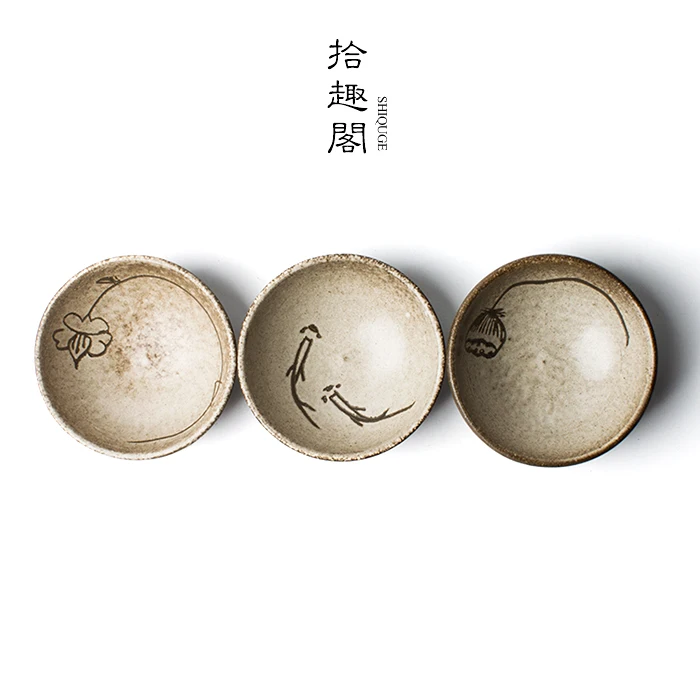 

SheCu pavilion 】 pure manual coarse pottery teacup Japanese hand painted cup hand-painted ceramics cup is carved designs