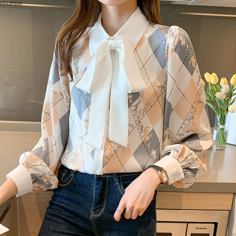 

Houthion New Chiffon Long-sleeved Women's Blouse Fashion Casual Shirt Lapel Korean Tops Bow Comfortable Regular