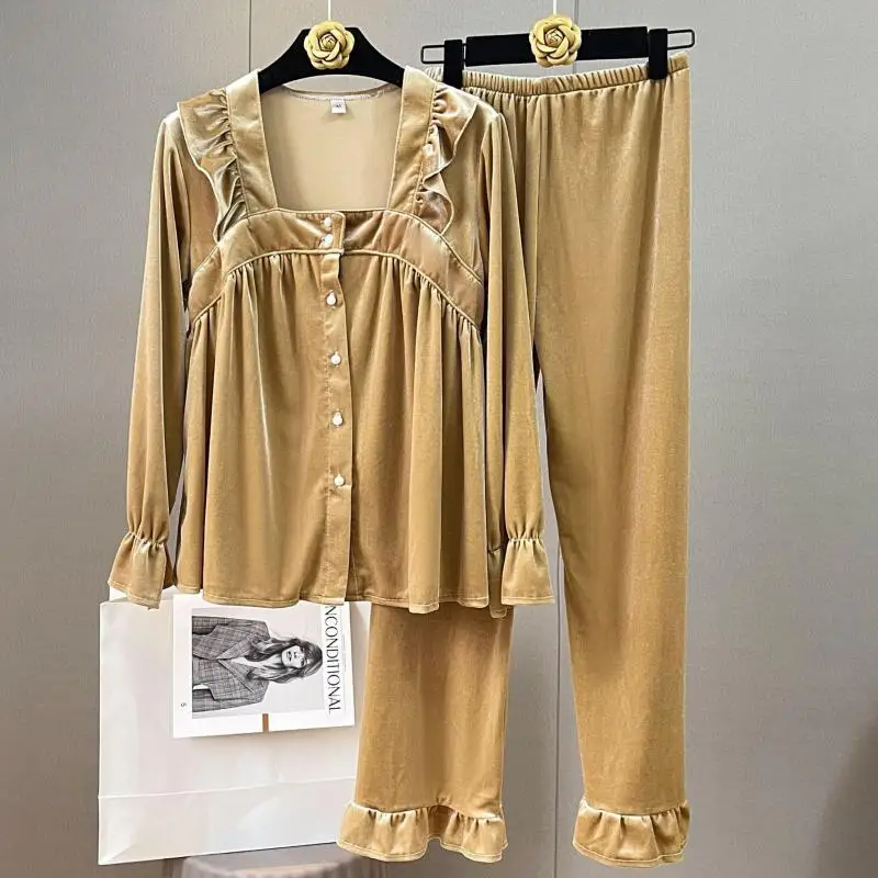 

Милый Пижамный костюм с оборками и квадратным воротником, осенне-зимний женский бархатный пижамный комплект, Женская Повседневная Домашняя одежда, домашняя одежда