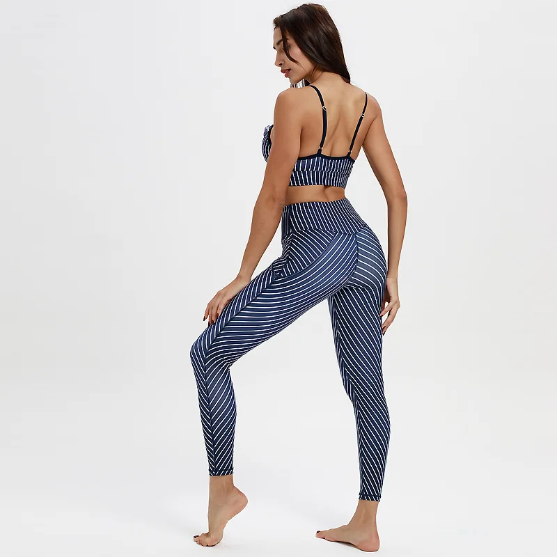 

Peachmiss Women Yoga Set Tracksuit Sports Suit Strip Fitness Ruffle Top Leggings Gym Wear Running Sportswear Workout Sets