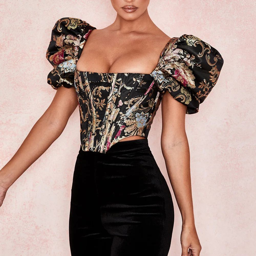 

2020New summer Elegant Square Collar Jacquard Boned Bustier Crop Tops Shirt Puff Sleeve Sexy Backless Zipper Shirts Blouse Women