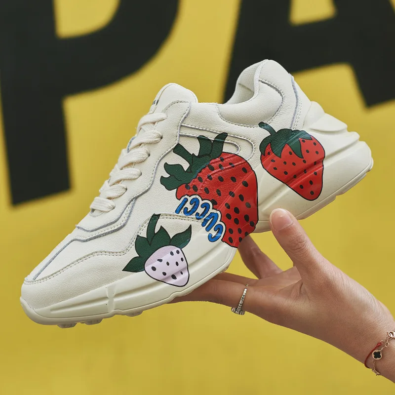 

2021 New Korean Style Women's Daddy shoes Genuine Leather Casual Sneakers shoes Novel Pattern Painted shoes