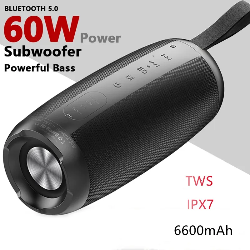 

60W High Power Wireless Bluetooth Speaker column Portable IPX7 Waterproof Subwoofer Stereo Surround Support TWS TF caixa de som