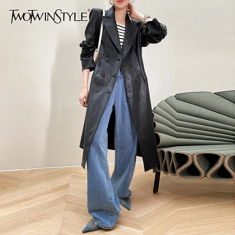 

Женское повседневное пальто TWOTWINSTYLE, Осеннее, черное, однотонное пальто из искусственной кожи с отложным воротником, длинными рукавами и выс...