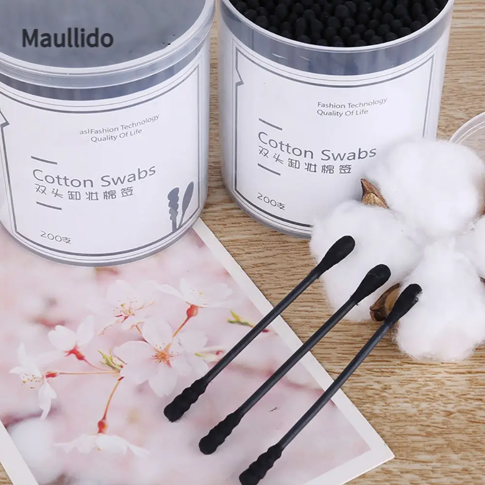 

200pcs Disposable Double-Head Cotton Swab Spiral Ear Cleaner Black Medical Swab Lipstick Eyebrow Eyelash Cotton Bud Makeup Tool