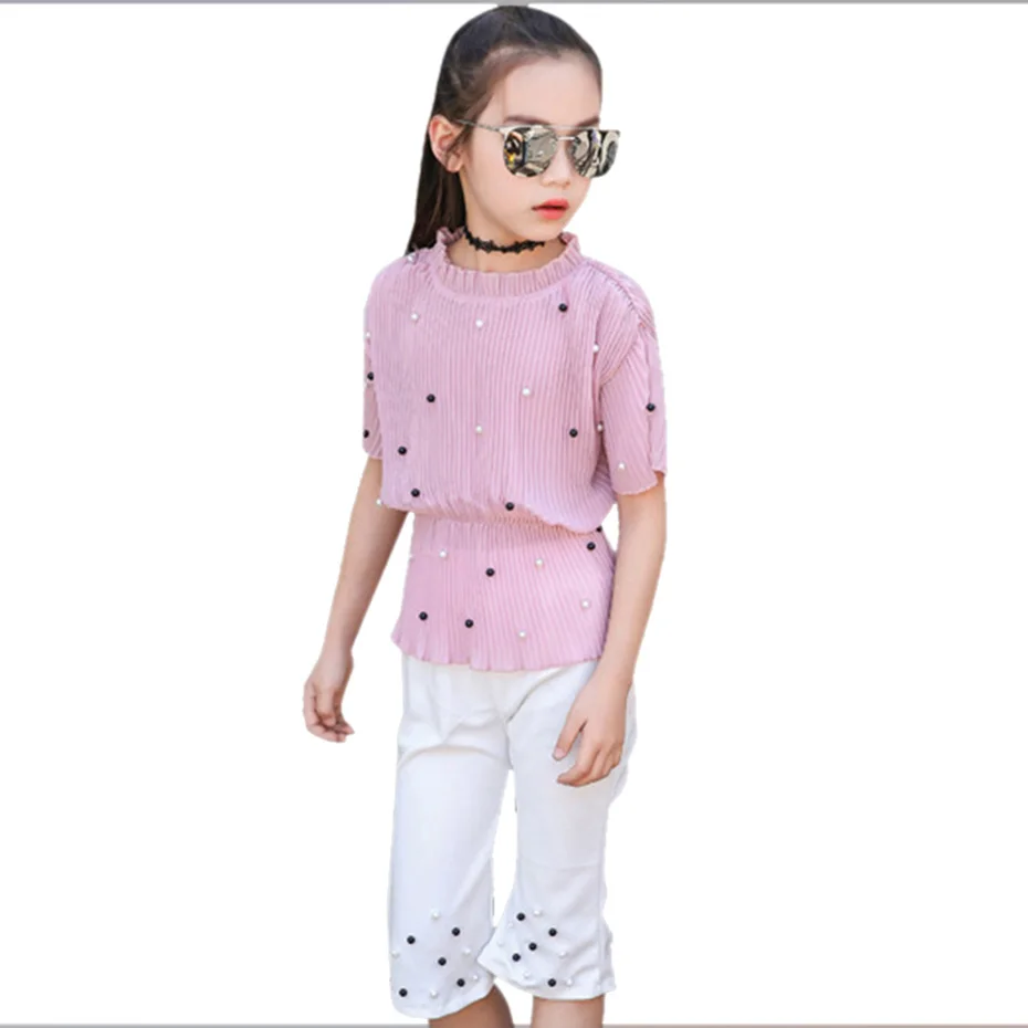 Детская летняя одежда для девочек шифоновый топ + брюки повседневная детская из 2