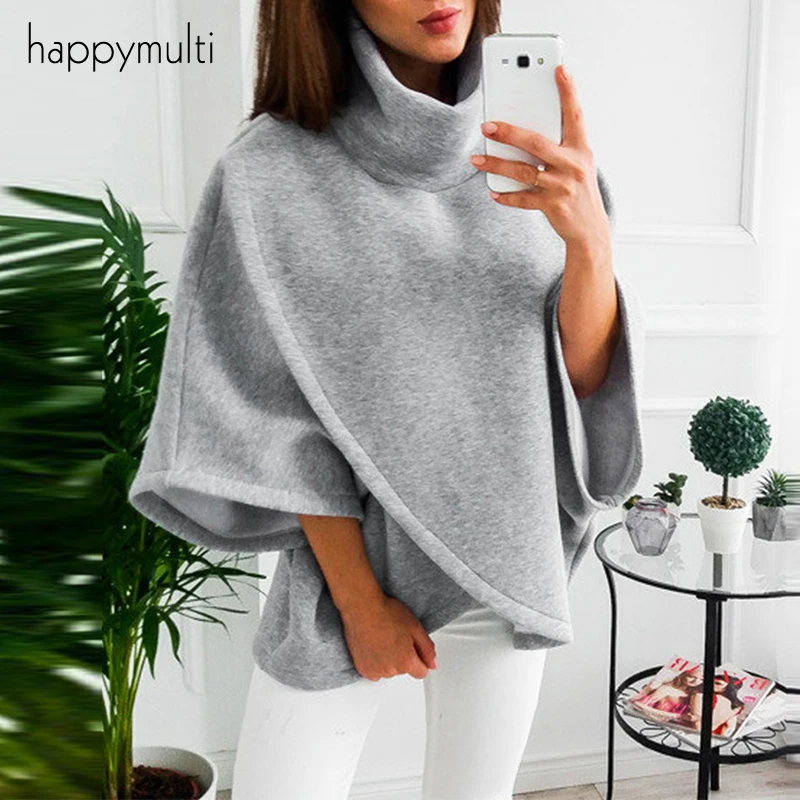 Lady's Sweater Casual Knitted Turtleneck Cloak Batwing Sleeve Solid Color Elegant Autumn Winter for Women AEHQ092 |