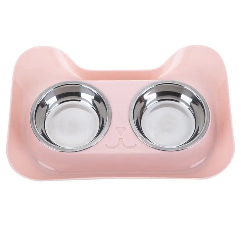 Pink 2 in 1 Pet Bowl Set Double Bowls Stainless Steel Non-Slip Dog Cat Bowl Pet Water Food Feeder Pet Feeding Supplies For Cats Dog - Цвет: Pink