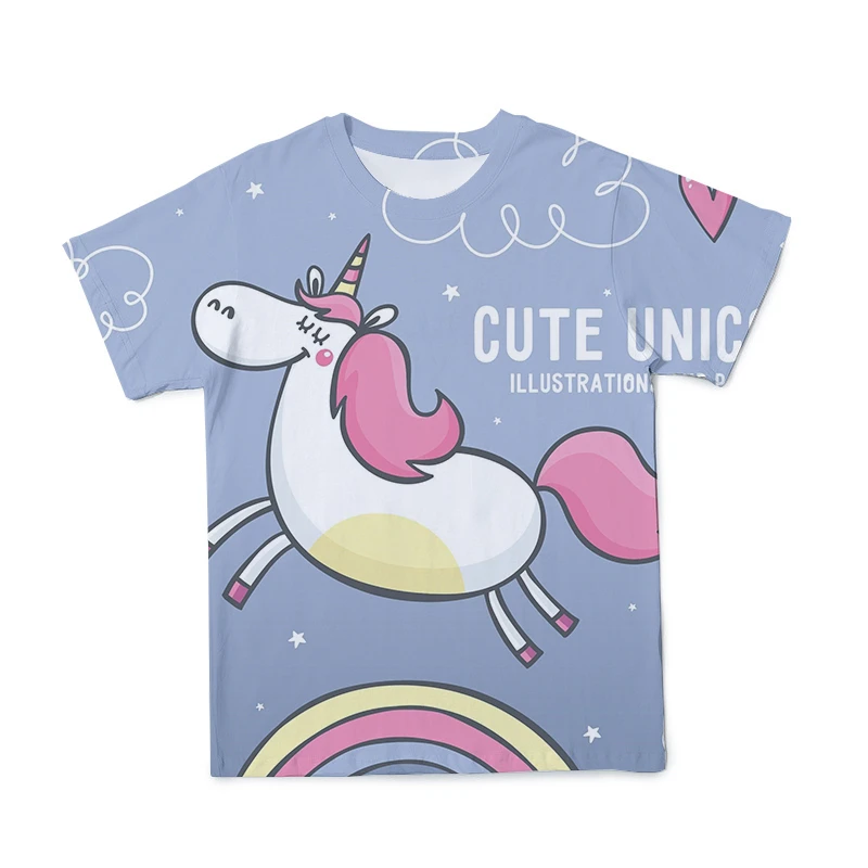 

2021 summer Trend American Popular Children Summer Girls Unicorn 3DT Shirt Kawaii Hydrophobic Fabric O Neck Harajuku 4T-14T
