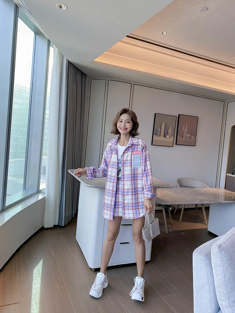 Модная женская рубашка в клетку весна осень 2021|Рубашки| |