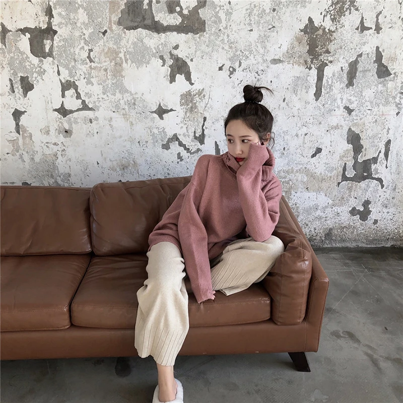 2 цвета осень и зима 2019 корейский стиль сплошной цвет вязаный теплый водолазка