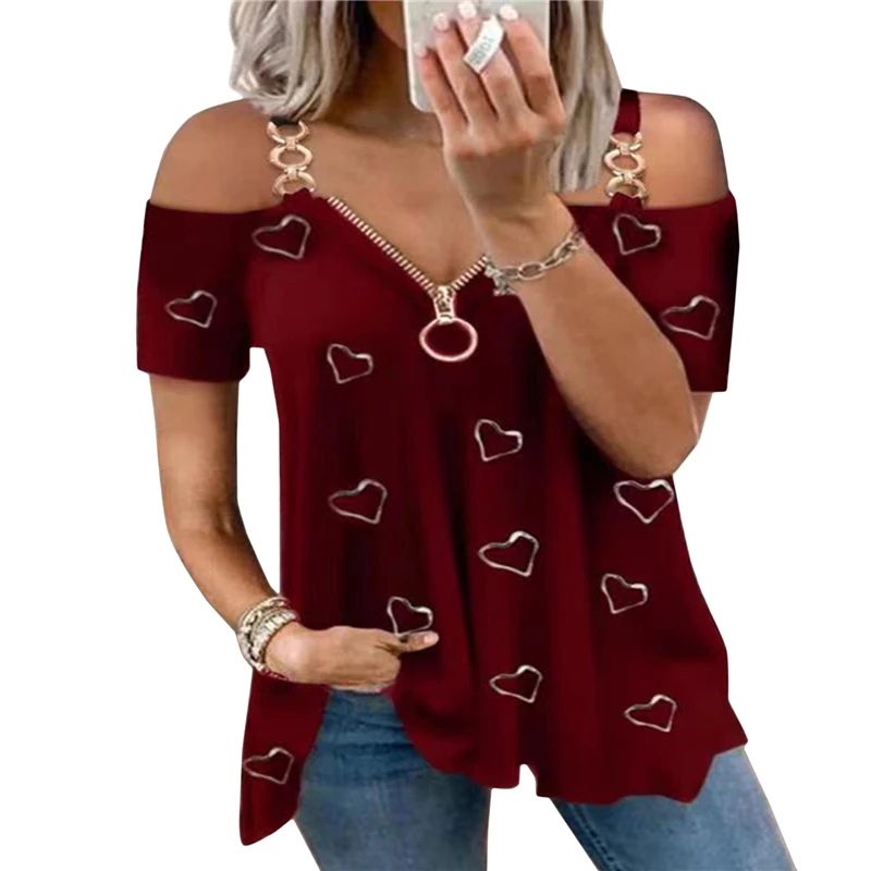 

Fashion Women Summer Heart Print T-Shirts For Streetwear Zipper V-Neck Short Sleeve Off Shoulder Casual Loose Pullovers Top New