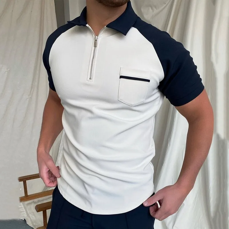 

Fashion Patchwork Men Short Sleeve Shirts Casual Turn-down Collar Zipper Design Tops 2021 Summer Harajuku Men's Streetwear