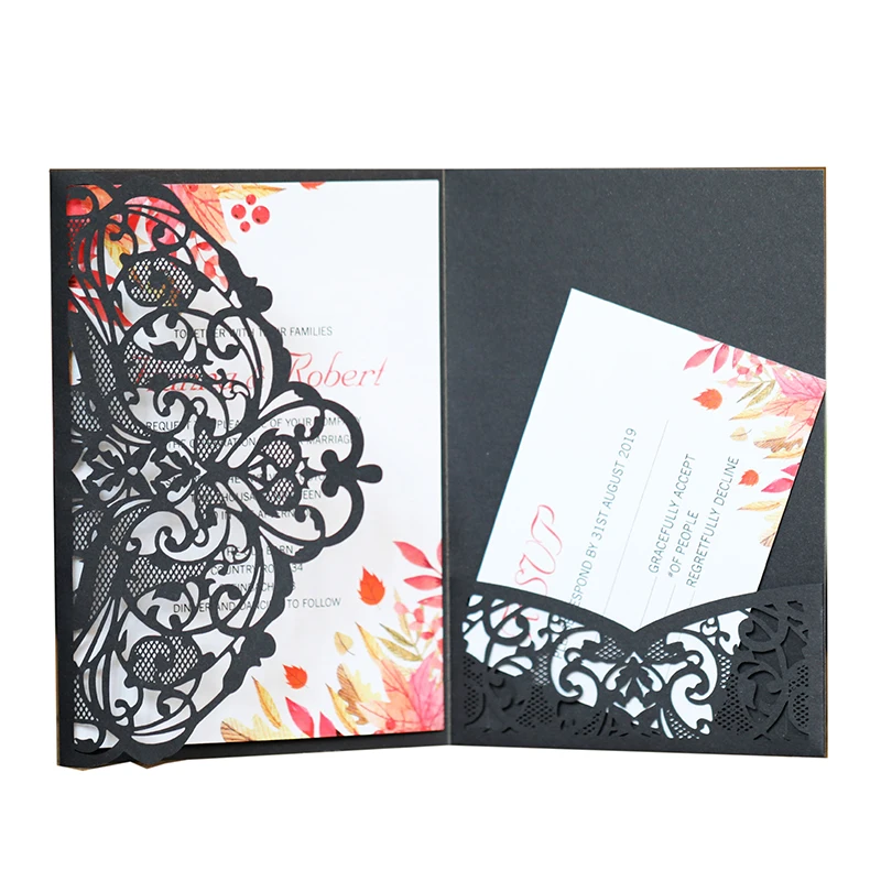 

100pcs New Black Invitation Card Tri-Folding Black Wedding Party Invitation Cards Customized 12.5x18cm