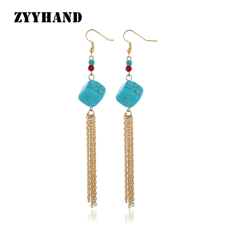 Женские длинные висячие серьги с кисточками квадратные золотистые из