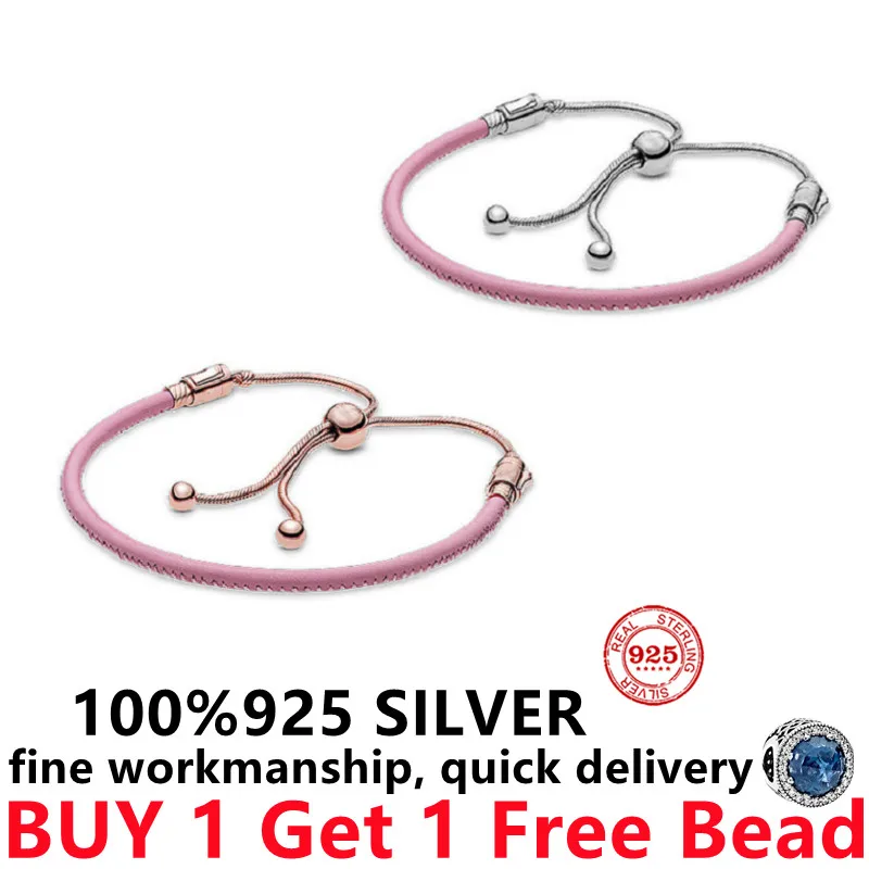 

Free Delivery 100% 925 Sterling Silver Pando Pink rose gold Leather Snake Bracelet original charm Suitable Women diy jewelry