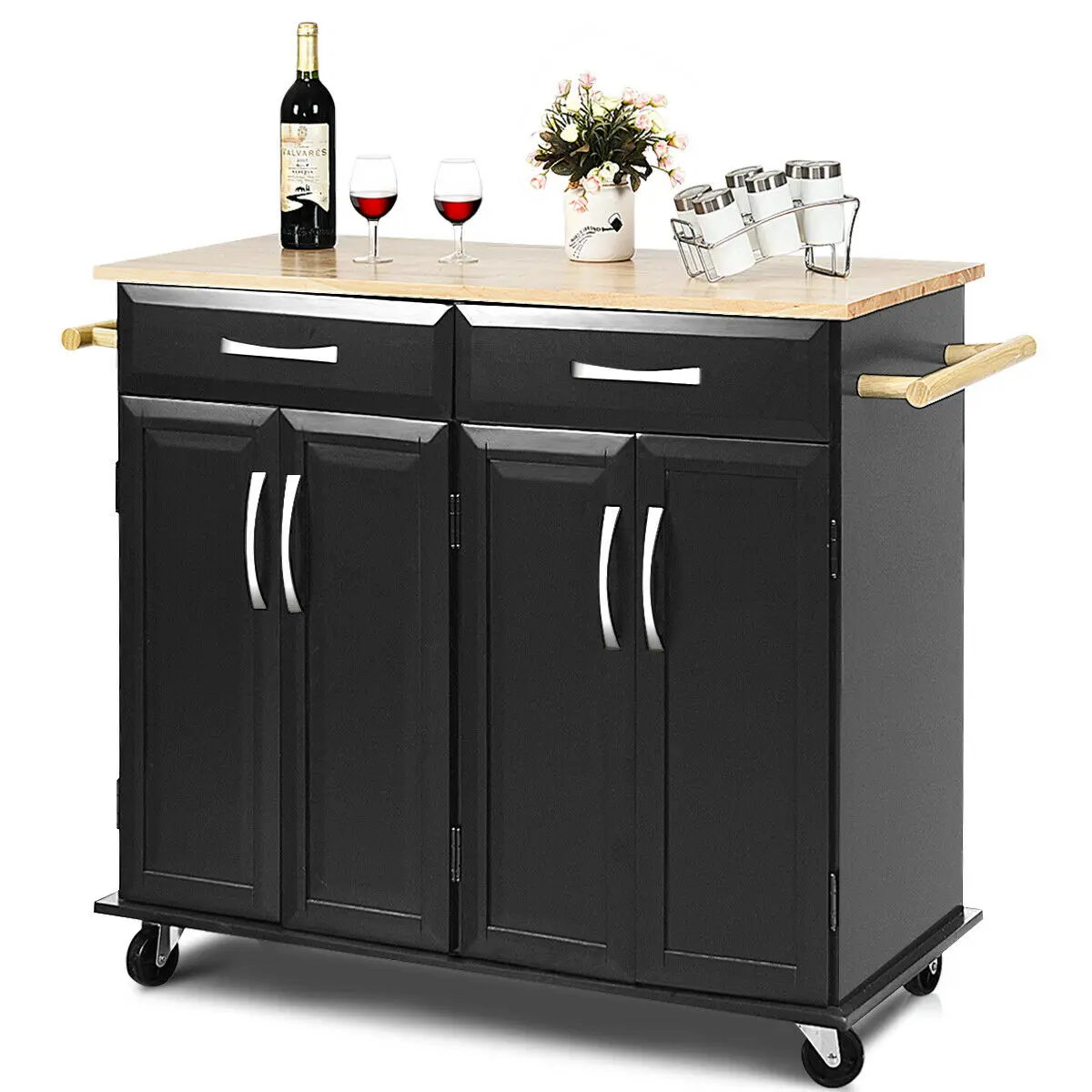 

Costway Rolling Kitchen Trolley Island Cart Wood Top Storage Cabinet Utility w/ Drawers
