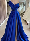 Женское длинное вечернее платье, элегантное темно-синее атласное платье-трапеция с одним открытым плечом, с высоким разрезом и атласным поясом в Дубае, для выпускного вечера
