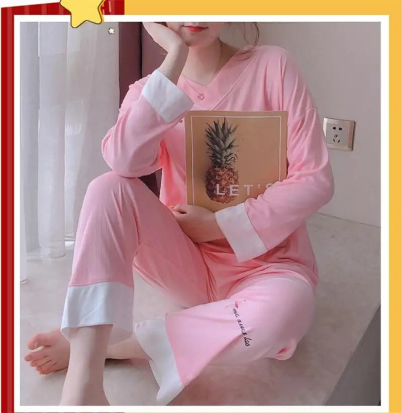 

Pajamas Women Fashion V-Neck Solid Color Long-Sleeved Trousers Stitching Pajamas Set