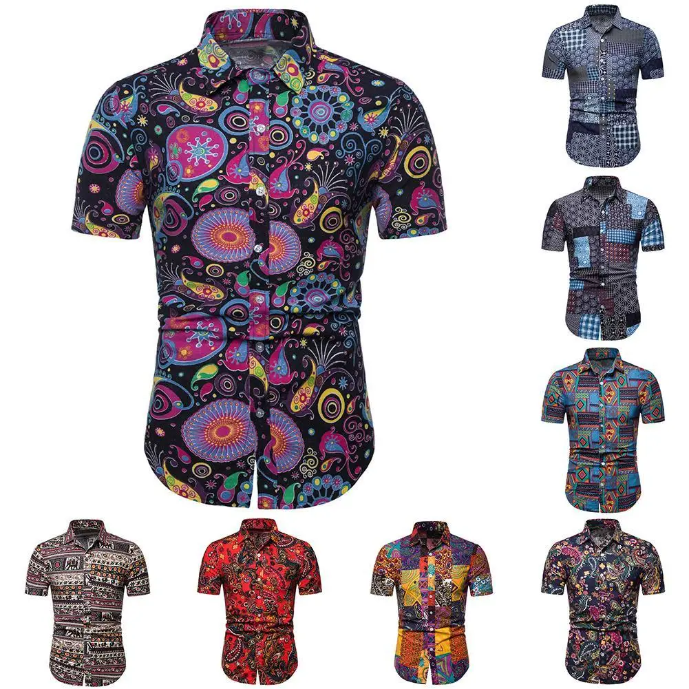 

2021 Fashion Mens Plus Size Hawaiian Men Floral Geometric Turn Down Collar Short Sleeve Top Beach Shirts For Men