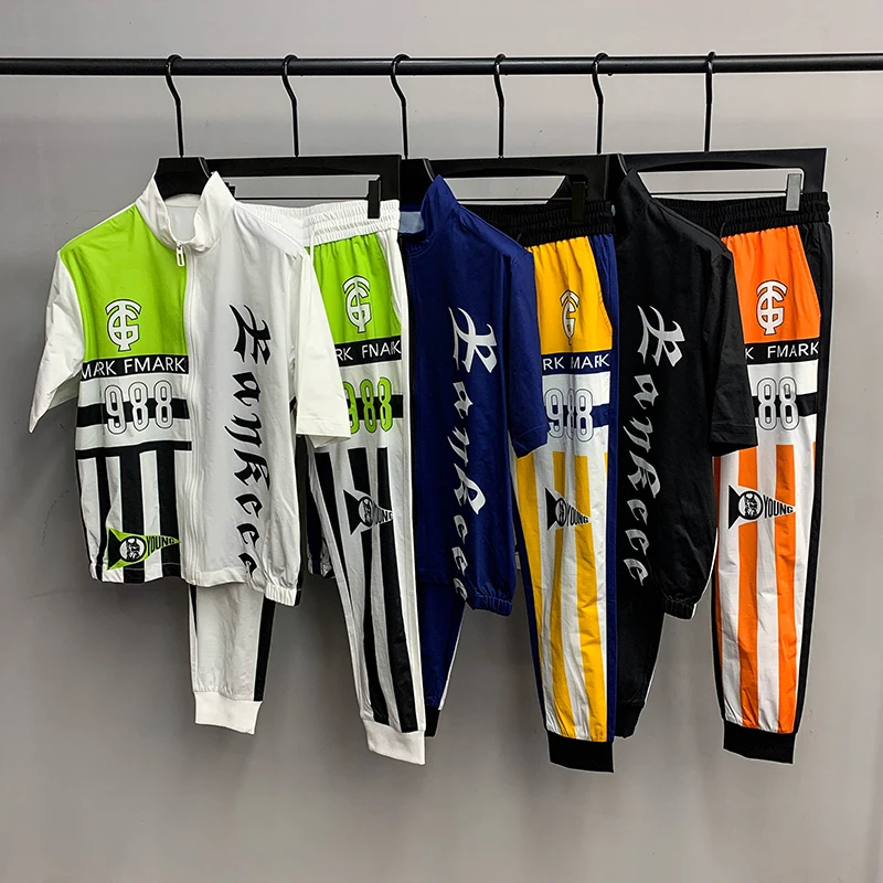 

Summer men's suit 2021 new personalized letter printing color matching cardigan zipper short sleeve pants two piece set fashion