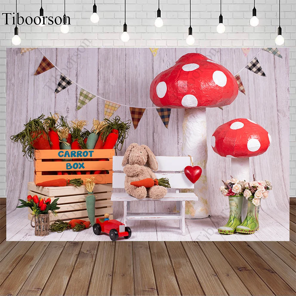 

Easter Photocall Plush Bunny Mushroom Child Wooden Wall Photography Backdrop Photographic Decoration Backgrounds for Photo