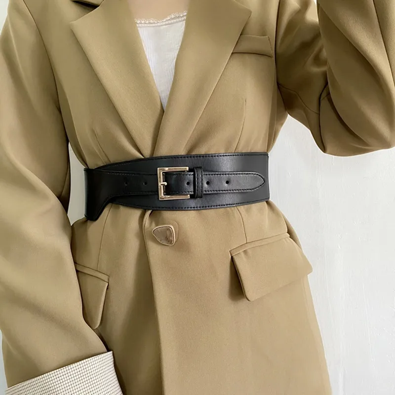 Cinturones con hebilla cuadrada para mujer, faja elástica y ancha con broche dorado para decoración de fiesta, nuevo diseño