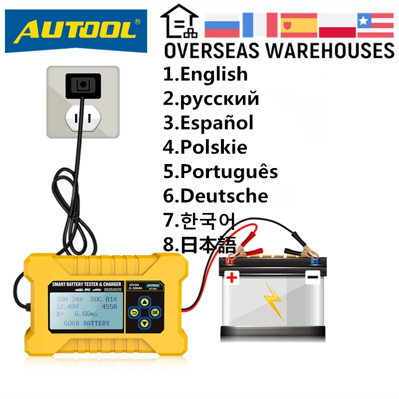 Тестер автомобильных аккумуляторов AUTOOL BT380 12 В автомобильный тестер запуска