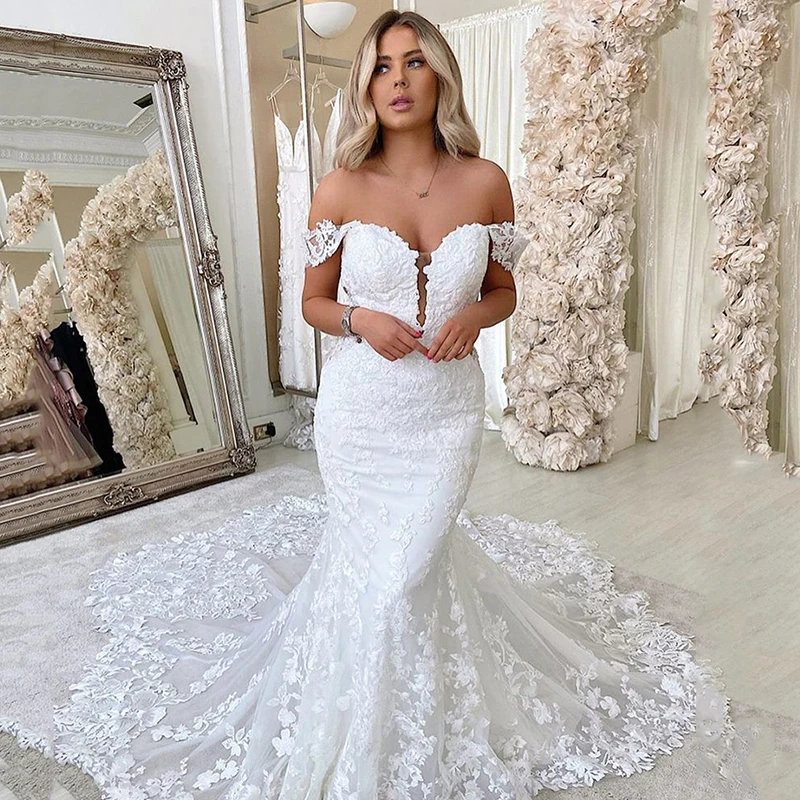 

Full Body Lace Wedding Dress Mermaid Off Shoulder Bridal Robes Court Train Bride Dresses Illusion Back Vestido De Noiva