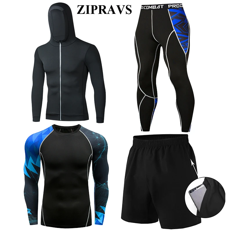 

ZIPRAVS brand men's tight-fitting sportswear gym press shirt running sports four-piece jogging sportswear fitness sportswear