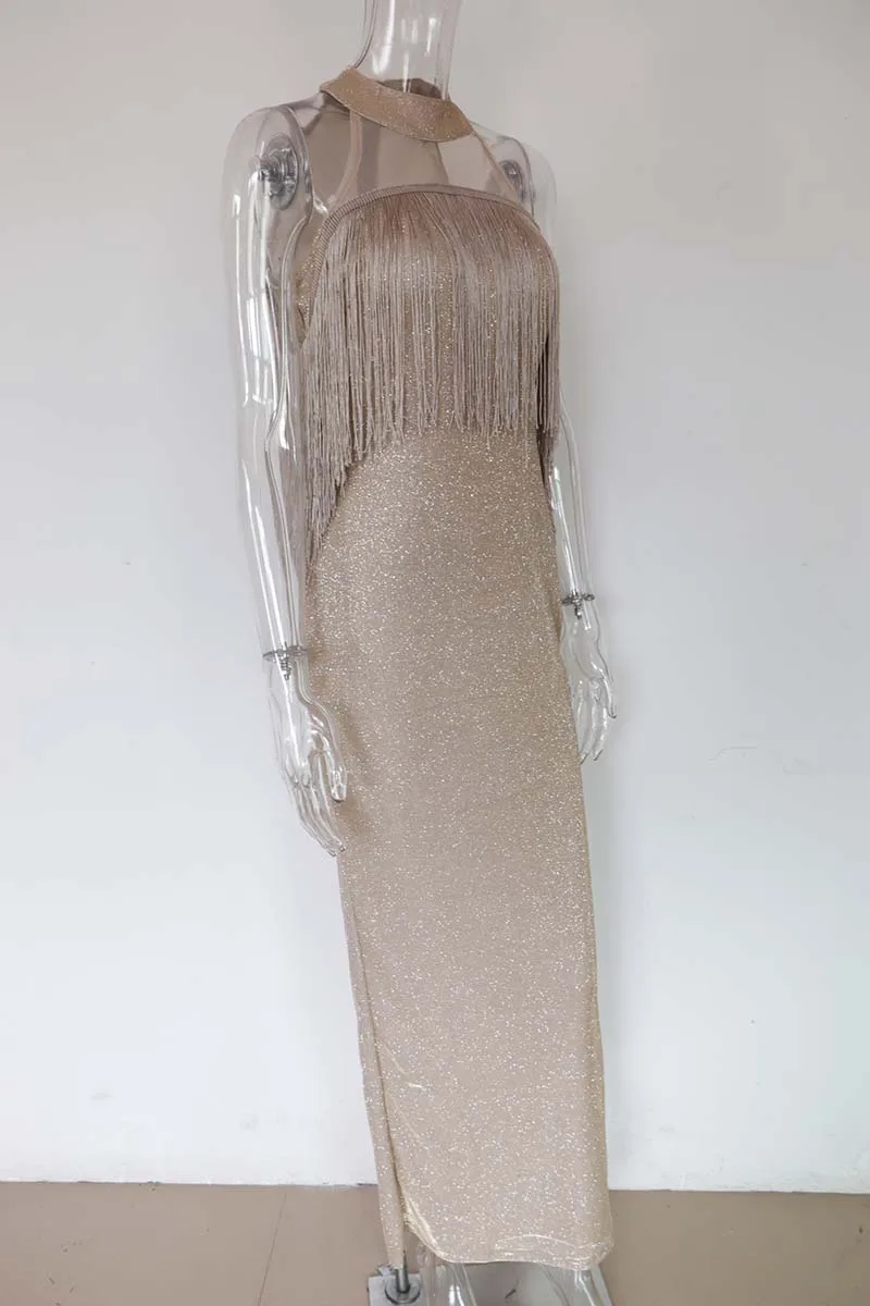 Bonnie Forest элегантный металлический знаменитости сексуальное платье макси ShoulderTassel детали Длинное Макси-платье рубашка Наряд для дня рождения