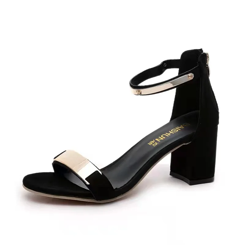 

2021 European and sk American women's thick and high-heeled breathable suede sandals 1040