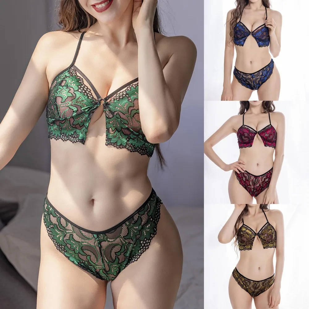 

Women Sexy Color Matching Lace Lingerie See Through Bra Set Underwear Sleepwear Seamless Women Top Panties Set Cotton Tops 2021