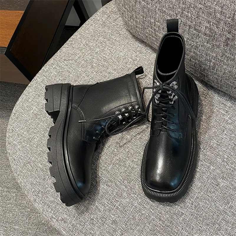 

ANNYMOLI Motorcycle Women Boots Shoes Real Leather Platform High Heel Short Boots Square Toe Lace Up Thick Heels Ankle Boots 40