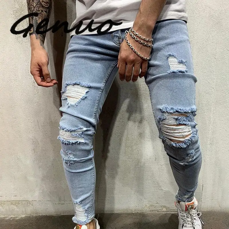Джинсы мужские винтажные рваные из хлопка с дырками 2019 3XL для лета размера плюс |