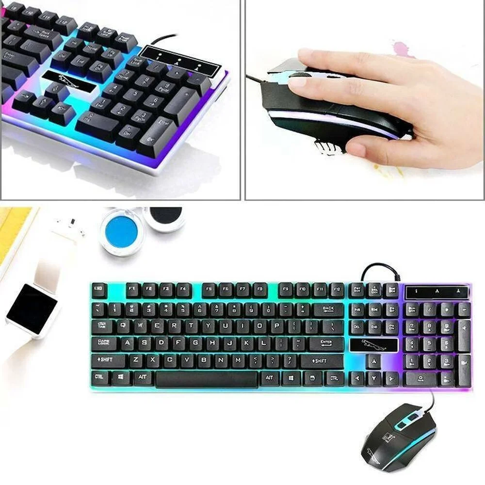 

Gaming Keyboard + Mouse Set Backlit Rainbow LED Wired USB For Office PC Laptop
