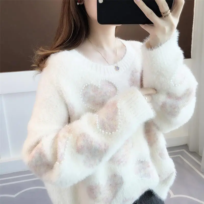 

2023 New Autumn Women O Neck Sweater Jumper Imitated Mink Wool Velvet Thickening Brim Fashion Causal Knitted Pullovers W479