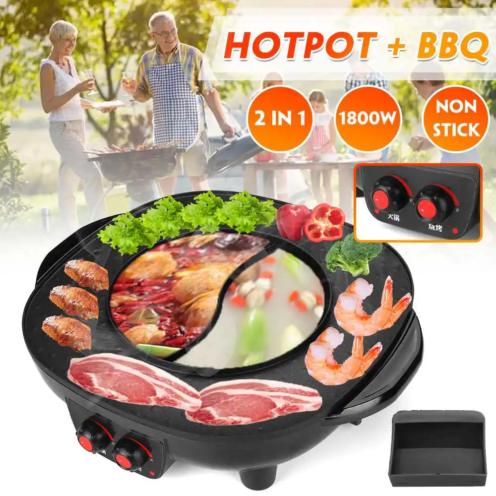 

2In1 1800W Dual Temperature Electric Hot Pot Barbecue Multicooker Smokeless Non-Stick Electric Grill Machine For Party 220V