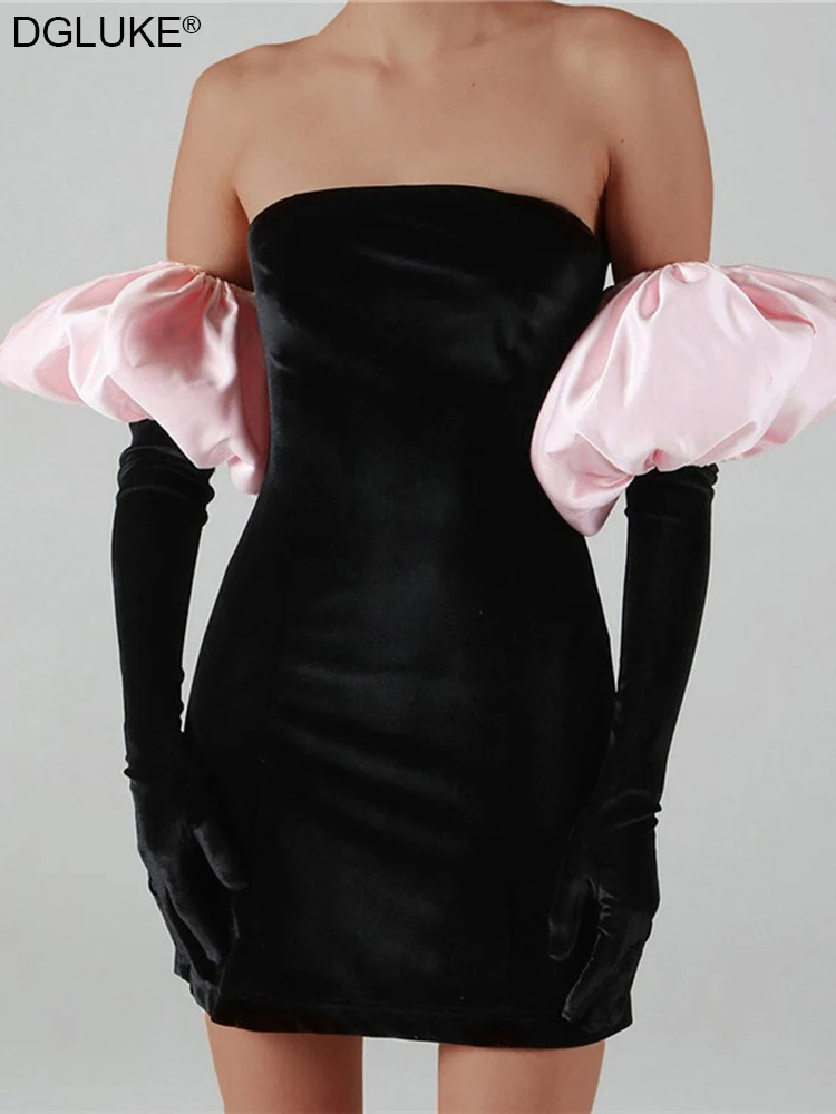 

Strapless Bodycon Velvet Dress Women Elegant Short Black Party Dresses Off shoulder Lantern Sleeve Mini Christmas Dress Winter