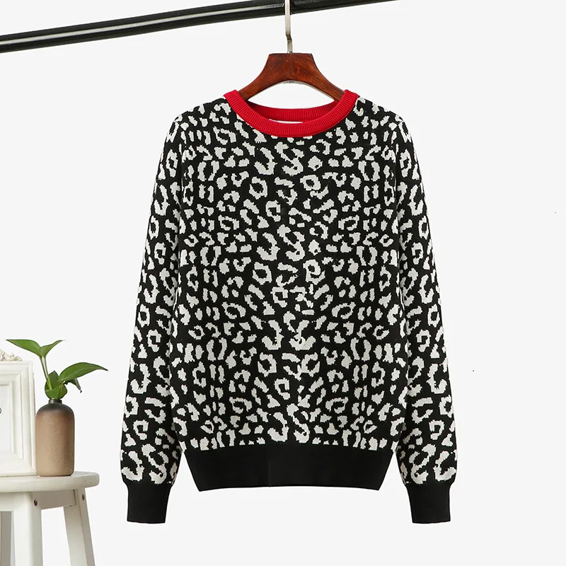 SINGRAIN Women Leopard Knitted Sweater Autumn Knit Tops Harajuku Fashion Pull Femme Oversized Basic Knitting Print Pullovers | Женская